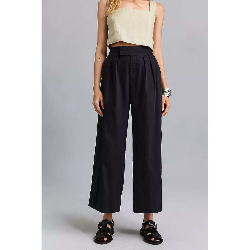 Anthropologie Pleated Poplin Trousers Navy Blue Wide Leg Cotton Pants Size 6